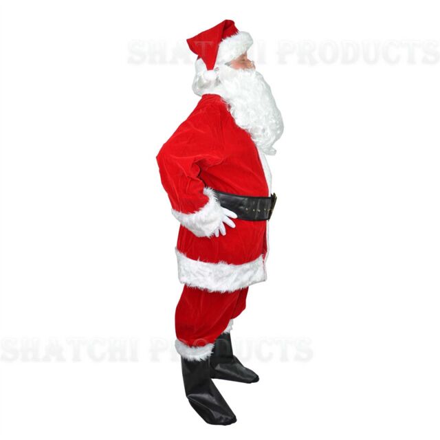 Shatchi Traditional Deluxe Regal Plush Father Santa Claus Suit Fancy Dress Costume Hat, Wig, Beard, Gloves, Boot Covers, Half Moon in Red - image 1