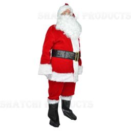 Shatchi Traditional Deluxe Regal Plush Father Santa Claus Suit Fancy Dress Costume Hat, Wig, Beard, Gloves, Boot Covers, Half Moon in Red - thumbnail 2