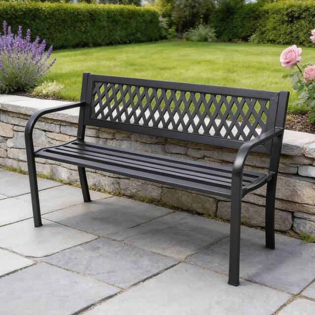 Home Source Black Metal Garden Bench Outdoor Seating with Lattice Backrest - image 1