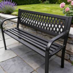 Home Source Black Metal Garden Bench Outdoor Seating with Lattice Backrest - thumbnail 3