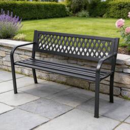 Home Source Black Metal Garden Bench Outdoor Seating with Lattice Backrest - thumbnail 1