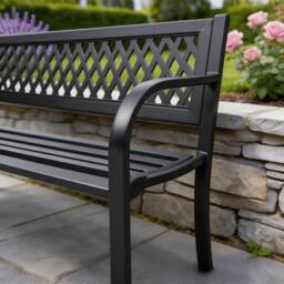 Home Source Black Metal Garden Bench Outdoor Seating with Lattice Backrest - thumbnail 4