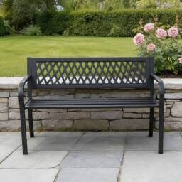 Home Source Black Metal Garden Bench Outdoor Seating with Lattice Backrest - thumbnail 2
