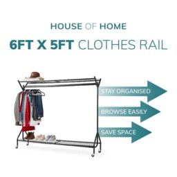 House of Home Clothing Rail Heavy Duty Hanging Clothes Shoe Hat Rack Shelves With Wheels 6ft x 5ft in Black - thumbnail 5