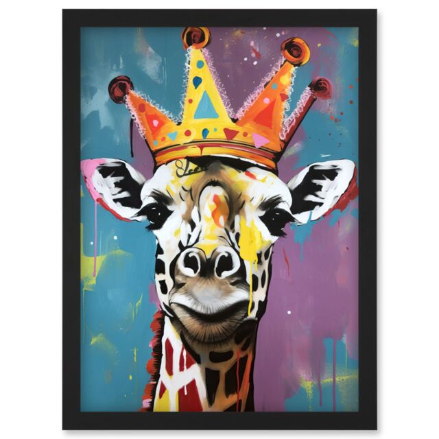 Artery8 Giraffe Wearing a Crown King Queen Modern Pop Art Artwork Framed Wall Art Print A4 in Black - image 1