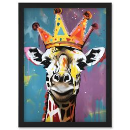 Artery8 Giraffe Wearing a Crown King Queen Modern Pop Art Artwork Framed Wall Art Print A4 in Black - thumbnail 1