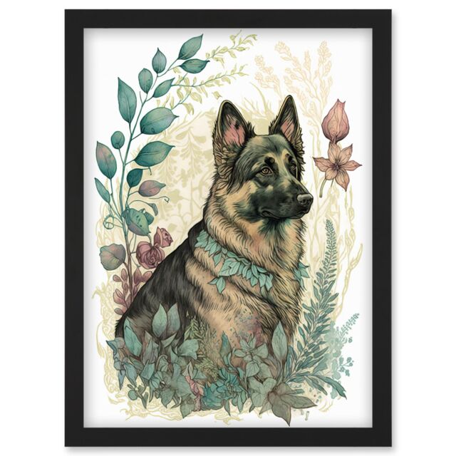 Artery8 German Shepherd Dog with a Leaf Collar Spring Field Boho Pastel Watercolour Illustration Artwork Framed Wall Art Print A4 in Black - image 1