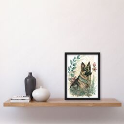 Artery8 German Shepherd Dog with a Leaf Collar Spring Field Boho Pastel Watercolour Illustration Artwork Framed Wall Art Print A4 in Black - thumbnail 2