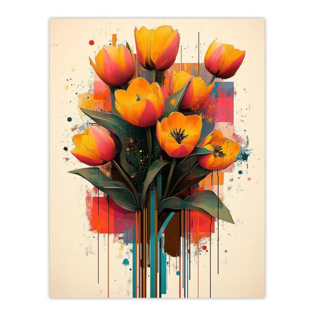 "Artery8 Tulip Bouquet Modern Floral Abstract Painting Wall Art Print in Orange - Size: W18"" x H24""" - image 1