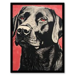 Artery8 Wall Art Print Black Lab Labrador Dog Portrait On Coral Backdrop Lino Risograph Riso Art Framed - Size: A4 - thumbnail 1