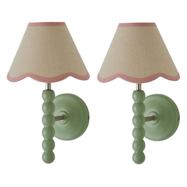 ValueLights Bobbins Pair of Green Wall Lights & Linen Trim Lamp Shades & Bulbs in Pale Pink - image 1