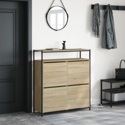 Berkfield Home Shoe Cabinet with 4 Flip-Drawers Sonoma Oak 100x34x112 cm in Brown - Size: 100 x 34 x 112 cm - thumbnail 3