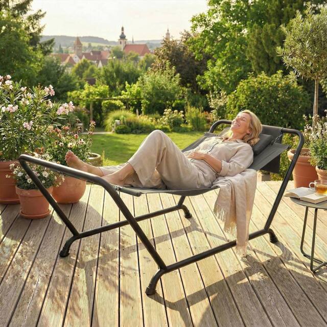 OUTSUNNY Outdoor Hammock with Stand with Side Pocket, Headrest, Dark Grey - image 1