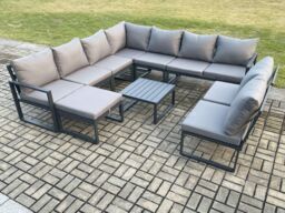 Fimous 10 Seater Patio Outdoor Garden Furniture Aluminium Lounge Corner Sofa Set with Square Coffee Table with Big Footstool Dark Grey - thumbnail 1
