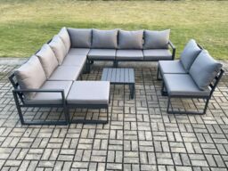 Fimous 10 Seater Patio Outdoor Garden Furniture Aluminium Lounge Corner Sofa Set with Square Coffee Table with Big Footstool Dark Grey - thumbnail 2
