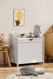Living and Home White Wooden Lifting Top Toy Storage Box Large Capacity Storage Chest - thumbnail 1