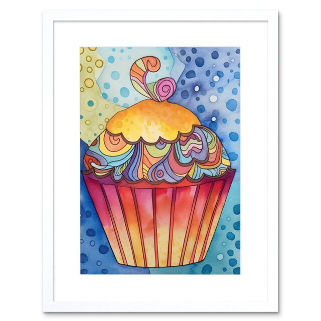 "Artery8 Wall Art Print Cupcake With Colourful Frosting Folk Art Watercolour Painting Kitchen Artwork Framed 9X7 Inch in White - Size: W7"" x H9""" - image 1