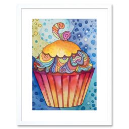 "Artery8 Wall Art Print Cupcake With Colourful Frosting Folk Art Watercolour Painting Kitchen Artwork Framed 9X7 Inch in White - Size: W7"" x H9""" - thumbnail 1