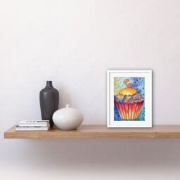 "Artery8 Wall Art Print Cupcake With Colourful Frosting Folk Art Watercolour Painting Kitchen Artwork Framed 9X7 Inch in White - Size: W7"" x H9""" - thumbnail 2