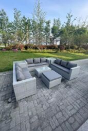 Fimous Light Grey Outdoor Rattan Garden Furniture Set Lounge Sofa Set 2 Coffee Table Big Footstool - thumbnail 3