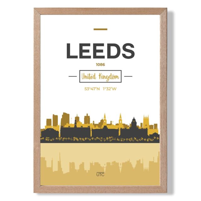 ARTZE Leeds Yellow & Black City Skyline Framed Print SIZE: A4 with Oak Frame - image 1