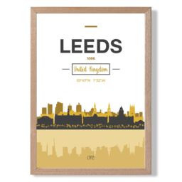 ARTZE Leeds Yellow & Black City Skyline Framed Print SIZE: A4 with Oak Frame - thumbnail 1