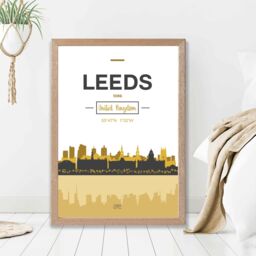 ARTZE Leeds Yellow & Black City Skyline Framed Print SIZE: A4 with Oak Frame - thumbnail 2