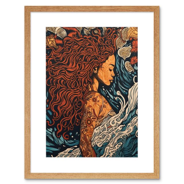 "Artery8 Wall Art Print Sea Water Nymph Modern Art Nouveau Linocut Artwork Framed 9X7 Inch in Beige - Size: W7"" x H9""" - image 1