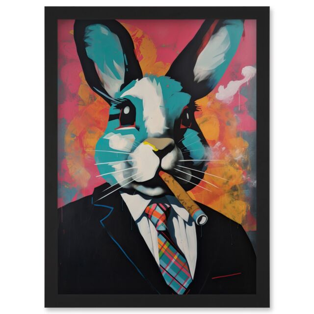 Artery8 Blue Rabbit with Cigar & Suit Modern Pop Art Artwork Framed Wall Art Print A4 in Black - image 1