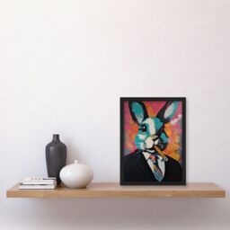 Artery8 Blue Rabbit with Cigar & Suit Modern Pop Art Artwork Framed Wall Art Print A4 in Black - thumbnail 2