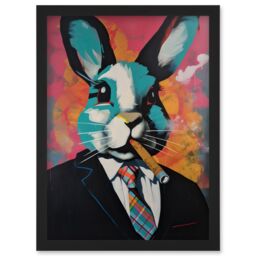 Artery8 Blue Rabbit with Cigar & Suit Modern Pop Art Artwork Framed Wall Art Print A4 in Black - thumbnail 1