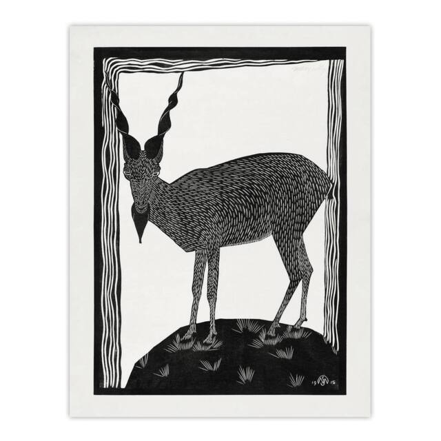 "Artery8 Stylised Markhor Goat Samuel J De Mesquita Wall Art Poster Print in White - Size: W24"" x H32""" - image 1