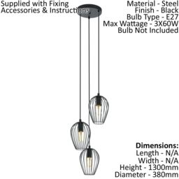 Loops Hanging Ceiling Pendant Light Black Wire Cage 3x 60W E27 Hallway Feature Lamp - thumbnail 2