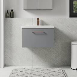 Balterley 600mm Wall Hung 1 Drawer Vanity Basin Unit, Satin Grey, Bronze Handle in Grey - thumbnail 2