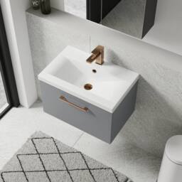 Balterley 600mm Wall Hung 1 Drawer Vanity Basin Unit, Satin Grey, Bronze Handle in Grey - thumbnail 3