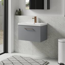 Balterley 600mm Wall Hung 1 Drawer Vanity Basin Unit, Satin Grey, Bronze Handle in Grey - thumbnail 4