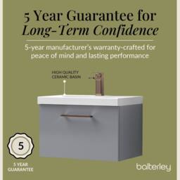 Balterley 600mm Wall Hung 1 Drawer Vanity Basin Unit, Satin Grey, Bronze Handle in Grey - thumbnail 6
