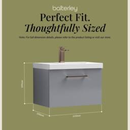 Balterley 600mm Wall Hung 1 Drawer Vanity Basin Unit, Satin Grey, Bronze Handle in Grey - thumbnail 5
