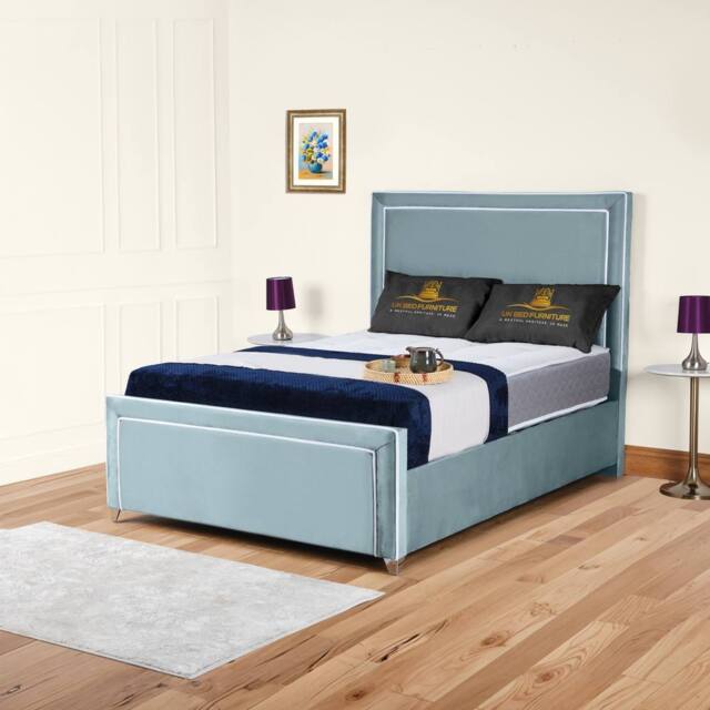 UK Bed Furniture Ariana Upholstered Bed Frame with 48-inch Headboard - Slatted Base in Light Blue - Size: Double - image 1