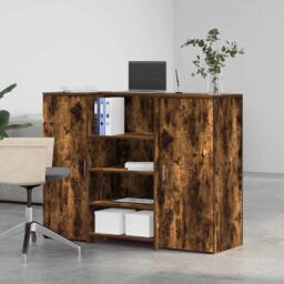 Berkfield Home Reception Desk Smoked Oak 135x50x103.5 cm Engineered Wood in Brown - thumbnail 3