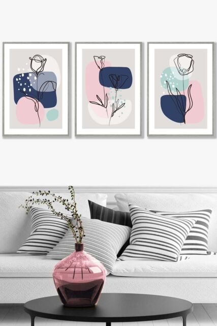 ARTZE Set of 3 Light Grey Framed Line Art Spring Flowers on Navy Pink Boho Shapes Wall Art - Size: W45 cm x H62 cm x D20mm - image 1
