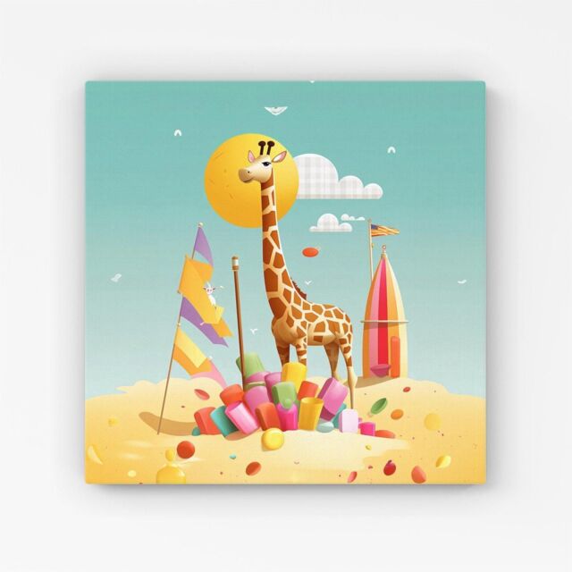 "Warren Reed - Designer A Giraffe On A Beach Holiday Canvas in Yellow - Size: W16"" x H16""" - image 1