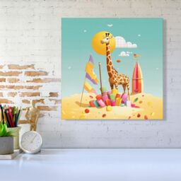 "Warren Reed - Designer A Giraffe On A Beach Holiday Canvas in Yellow - Size: W16"" x H16""" - thumbnail 2