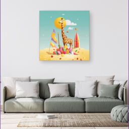 "Warren Reed - Designer A Giraffe On A Beach Holiday Canvas in Yellow - Size: W16"" x H16""" - thumbnail 4