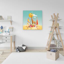 "Warren Reed - Designer A Giraffe On A Beach Holiday Canvas in Yellow - Size: W16"" x H16""" - thumbnail 3