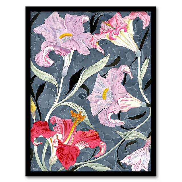 Artery8 Pink Lily Flowers Stylised Detailed Floral Framed Art Print - Size: A4 - image 1