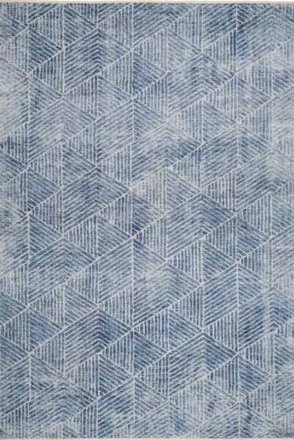 Kukoon Denim Blue Geometric Distressed Washable Living Room Area Rug in Mid Blue - Size: 80 cm x 300 cm - image 1