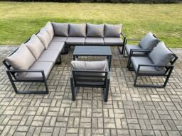 Fimous Aluminium Patio Outdoor Garden Furniture Lounge Corner Sofa Set with Oblong Coffee Table 3 Chairs Dark Grey - thumbnail 2