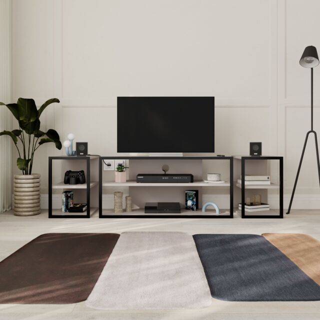 "Decortie Echo' Modern 3-Piece TV Unit Set 43"" with 2 Storage Side Tables & Shelves in Grey - Size: 2 Pack" - image 1