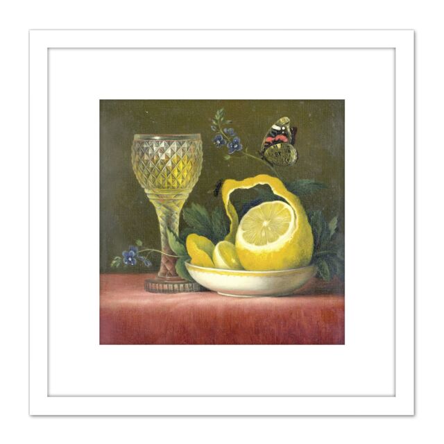 Artery8 Van Os Still Life Lemon & Cut Glass Painting 8X8 Inch Square Wooden Framed Wall Art Print Picture with Mount in White - image 1